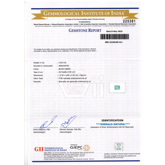 2.01 Ct GII Certified Untreated Natural Zambian Emerald Gemstone Panna