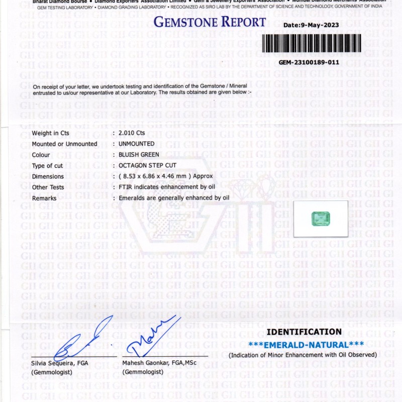 2.01 Ct GII Certified Untreated Natural Zambian Emerald Gemstone Panna 2.01 Ct GII Certified Untreated Natural Zambian Emerald Gemstone Panna