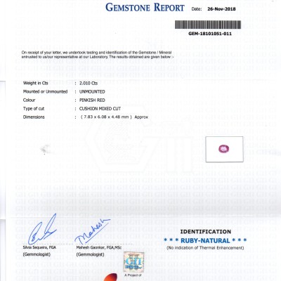 2.01 Ct GII Certified Unheated Untreated Natural Madagaskar Ruby AAA