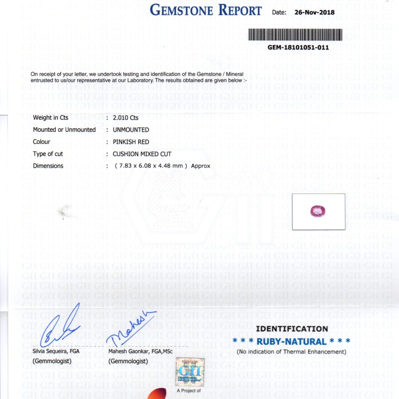 2.01 Ct GII Certified Unheated Untreated Natural Madagaskar Ruby AAA 2.01 Ct GII Certified Unheated Untreated Natural Madagaskar Ruby AAA
