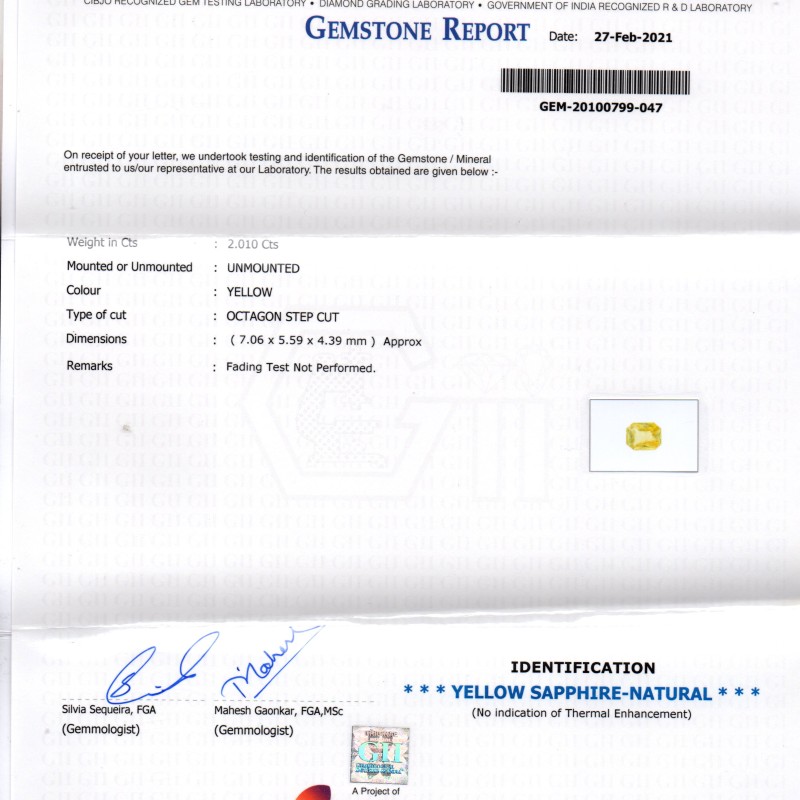 2.01 Ct GII Certified Unheated Untreated Natural Ceylon Yellow Sapphire AAA
