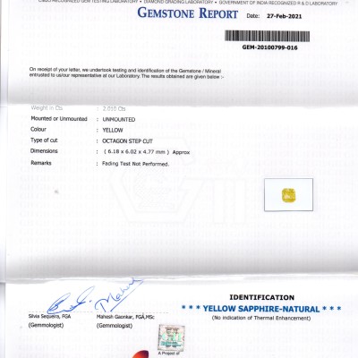 2.01 Ct GII Certified Unheated Untreated Natural Ceylon Yellow Sapphire AA