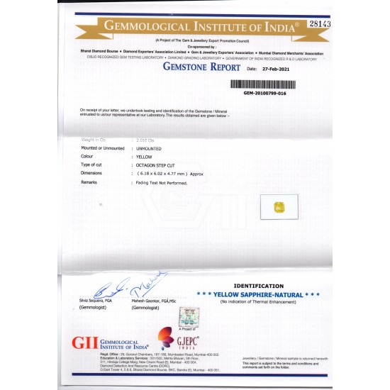 2.01 Ct GII Certified Unheated Untreated Natural Ceylon Yellow Sapphire AA
