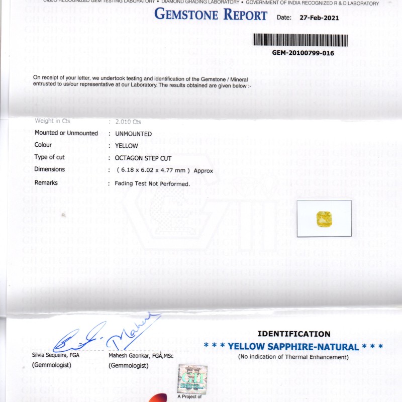 2.01 Ct GII Certified Unheated Untreated Natural Ceylon Yellow Sapphire AA