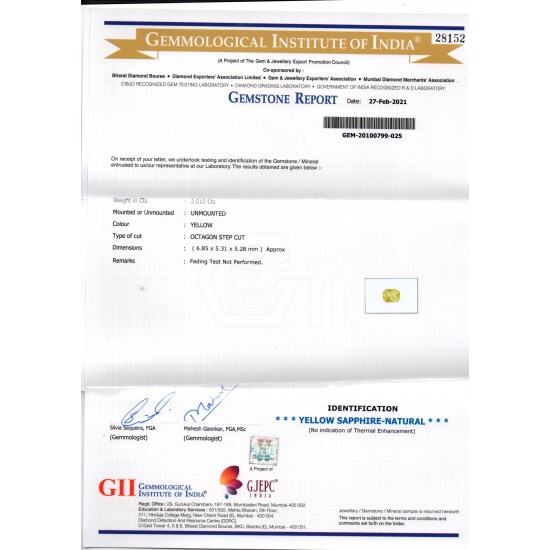 2.01 Ct GII Certified Unheated Untreated Natural Ceylon Yellow Sapphire AA++