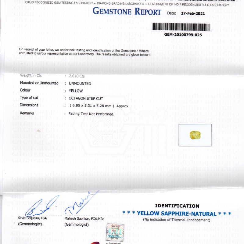 2.01 Ct GII Certified Unheated Untreated Natural Ceylon Yellow Sapphire AA++