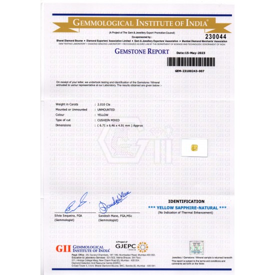 2.01 Ct GII Certified Unheated Untreated Natural Ceylon Yellow Sapphire