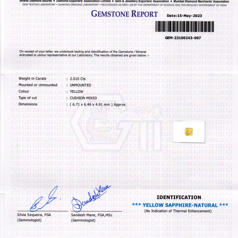 2.01 Ct GII Certified Unheated Untreated Natural Ceylon Yellow Sapphire