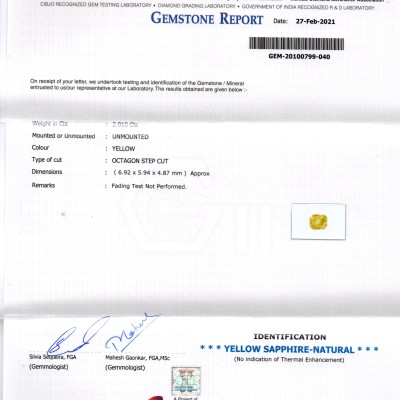 2.01 Ct GII Certified Unheated Untreated Natural Ceylon Yellow Sapphire AA 2.01 Ct GII Certified Unheated Untreated Natural Ceylon Yellow Sapphire AA