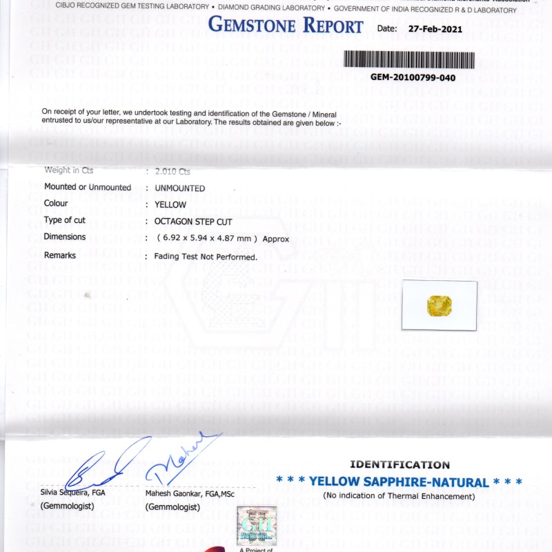 2.01 Ct GII Certified Unheated Untreated Natural Ceylon Yellow Sapphire AA 2.01 Ct GII Certified Unheated Untreated Natural Ceylon Yellow Sapphire AA