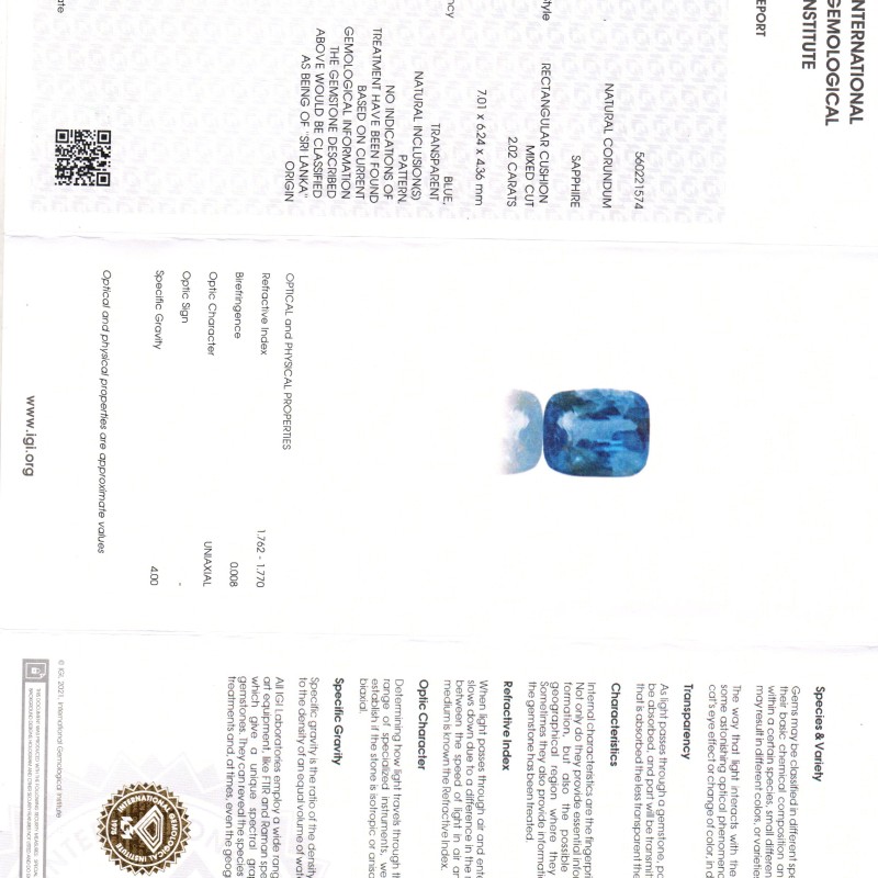 2.02 Ct IGI Certified Unheaated Untreated Natural Ceylon Blue Sapphire AA