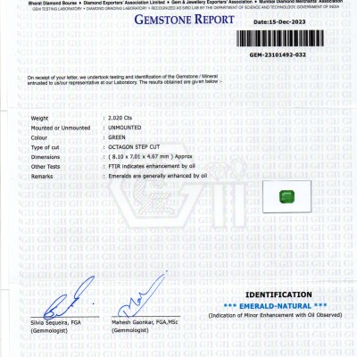 2.02 Ct GII Certified Untreated Natural Zambian Emerald Panna AAA 2.02 Ct GII Certified Untreated Natural Zambian Emerald Panna AAA
