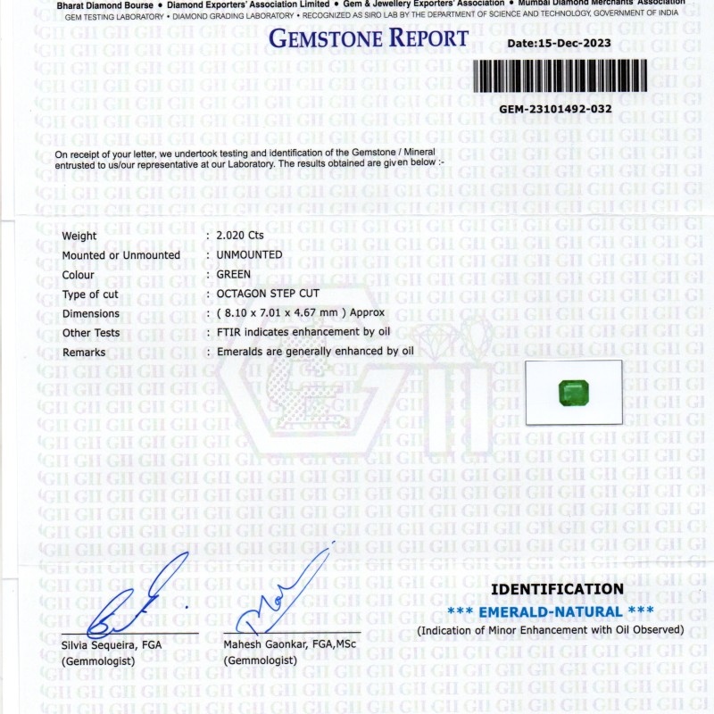 2.02 Ct GII Certified Untreated Natural Zambian Emerald Panna AAA 2.02 Ct GII Certified Untreated Natural Zambian Emerald Panna AAA