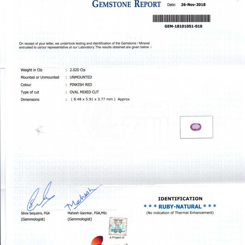 2.02 Ct GII Certified Unheated Untreated Natural Madagaskar Ruby AAA 2.02 Ct GII Certified Unheated Untreated Natural Madagaskar Ruby AAA