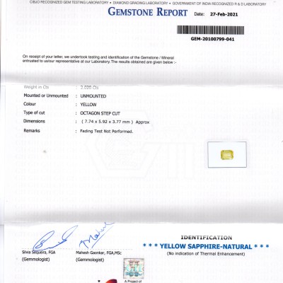 2.02 Ct GII Certified Unheated Untreated Natural Ceylon Yellow Sapphire AA