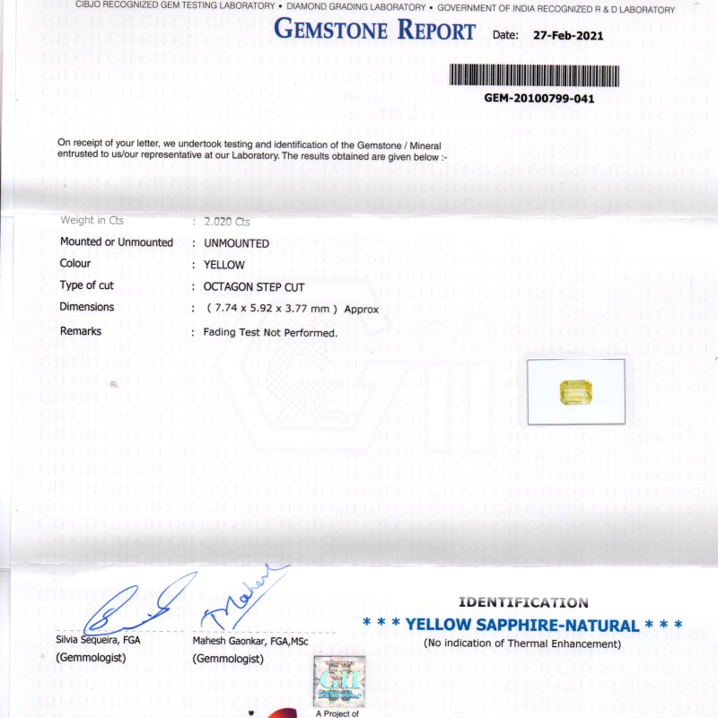 2.02 Ct GII Certified Unheated Untreated Natural Ceylon Yellow Sapphire AA