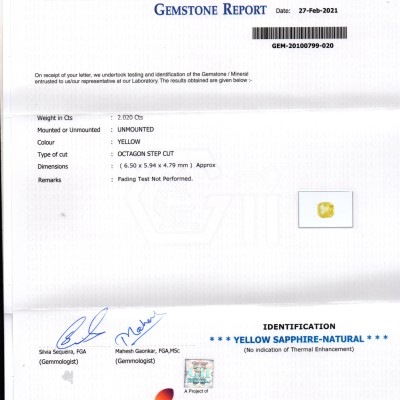 2.02 Ct GII Certified Unheated Untreated Natural Ceylon Yellow Sapphire AA