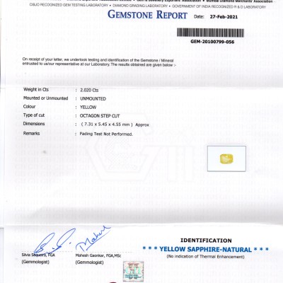 2.02 Ct GII Certified Unheated Untreated Natural Ceylon Yellow Sapphire AA