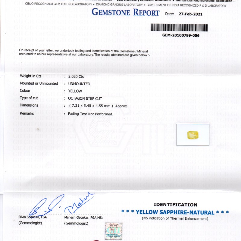 2.02 Ct GII Certified Unheated Untreated Natural Ceylon Yellow Sapphire AA