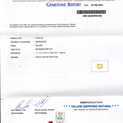 2.02 Ct GII Certified Unheated Untreated Natural Ceylon Yellow Sapphire AAAA