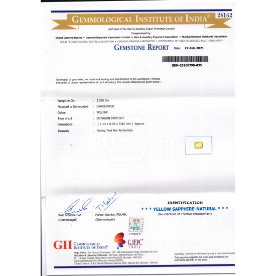 2.02 Ct GII Certified Unheated Untreated Natural Ceylon Yellow Sapphire AAAA