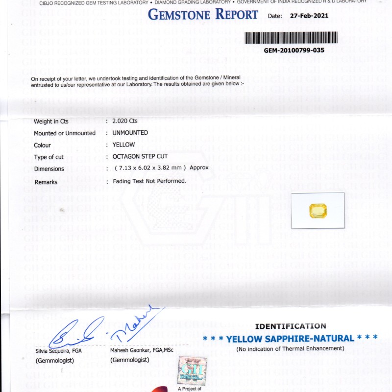 2.02 Ct GII Certified Unheated Untreated Natural Ceylon Yellow Sapphire AAAA