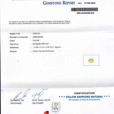 2.02 Ct GII Certified Unheated Untreated Natural Ceylon Yellow Sapphire