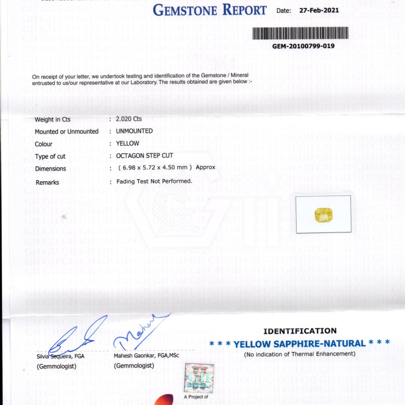 2.02 Ct GII Certified Unheated Untreated Natural Ceylon Yellow Sapphire
