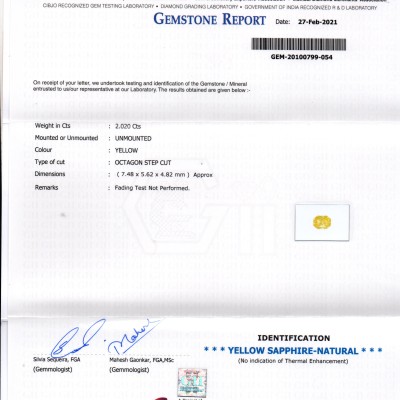 2.02 Ct GII Certified Unheated Untreated Natural Ceylon Yellow Sapphire AA
