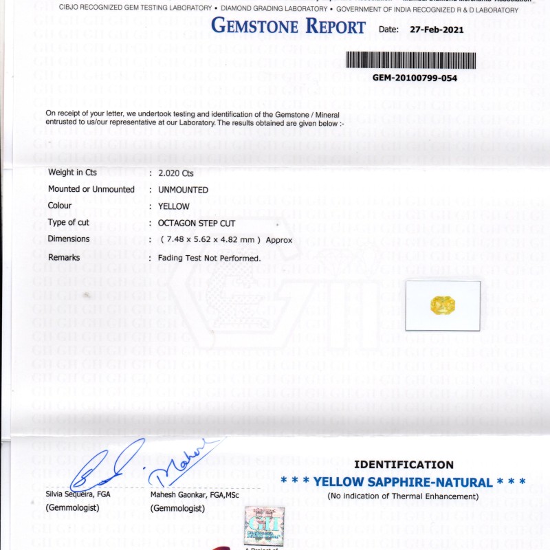 2.02 Ct GII Certified Unheated Untreated Natural Ceylon Yellow Sapphire AA