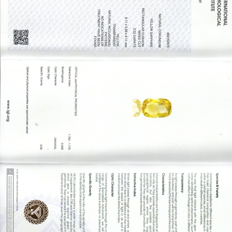 2.02 Ct IGI Certified Unheated Untreated Natural Ceylon Yellow Sapphire 2.02 Ct IGI Certified Unheated Untreated Natural Ceylon Yellow Sapphire