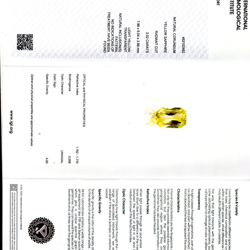 2.02 Ct IGI Certified Unheated Untreated Natural Ceylon Yellow Sapphire 2.02 Ct IGI Certified Unheated Untreated Natural Ceylon Yellow Sapphire