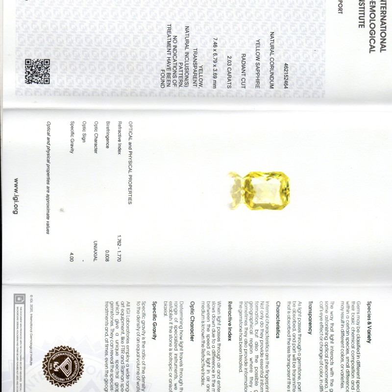 2.03 Ct IGI Certified Unheated Untreated Natural Ceylon Yellow Sapphire