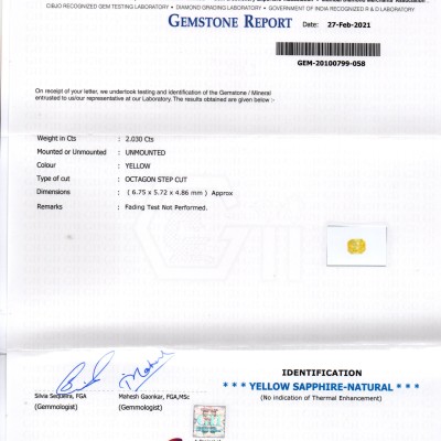 2.03 Ct GII Certified Unheated Untreated Natural Ceylon Yellow Sapphire AAAA