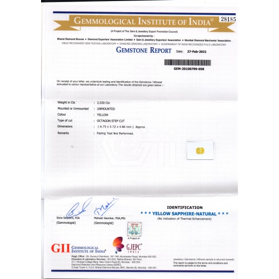 2.03 Ct GII Certified Unheated Untreated Natural Ceylon Yellow Sapphire AAAA