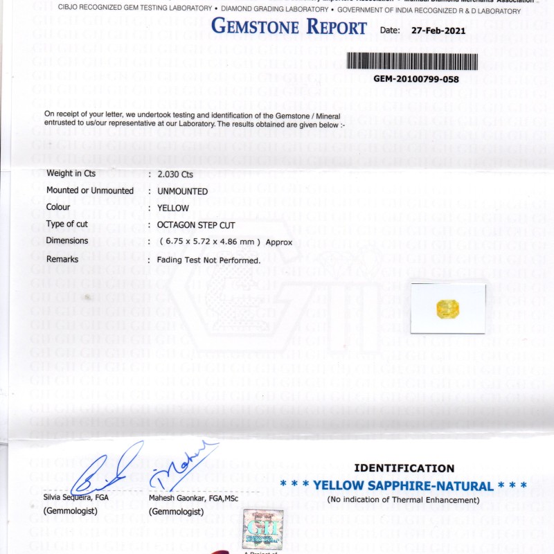 2.03 Ct GII Certified Unheated Untreated Natural Ceylon Yellow Sapphire AAAA