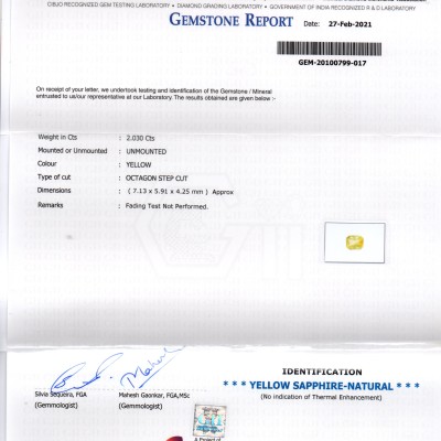 2.03 Ct GII Certified Unheated Untreated Natural Ceylon Yellow Sapphire AA