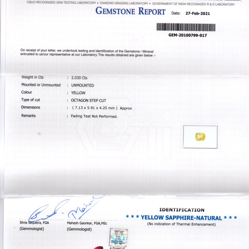 2.03 Ct GII Certified Unheated Untreated Natural Ceylon Yellow Sapphire AA