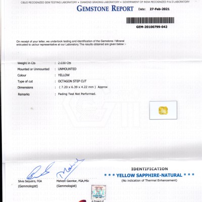 2.03 Ct GII Certified Unheated Untreated Natural Ceylon Yellow Sapphire AAA