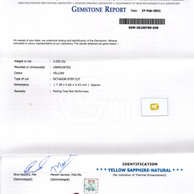 2.03 Ct GII Certified Unheated Untreated Natural Ceylon Yellow Sapphire AAA