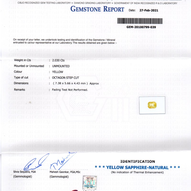 2.03 Ct GII Certified Unheated Untreated Natural Ceylon Yellow Sapphire AAA