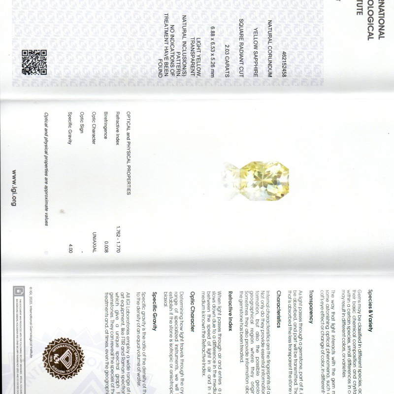 2.03 Ct IGI Certified Unheated Untreated Natural Ceylon Yellow Sapphire 2.03 Ct IGI Certified Unheated Untreated Natural Ceylon Yellow Sapphire