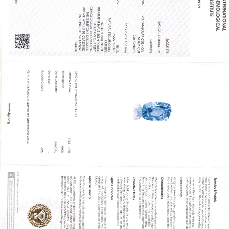 2.04 Ct IGI Certified Unheaated Untreated Natural Ceylon Blue Sapphire AA
