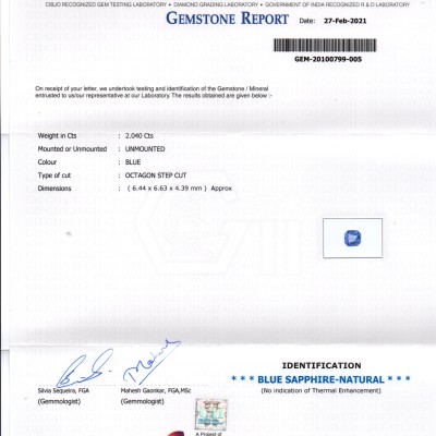 2.04 Ct GII Certified Unheated Untreated Natural Ceylon Blue Sapphire AAA 2.04 Ct GII Certified Unheated Untreated Natural Ceylon Blue Sapphire AAA