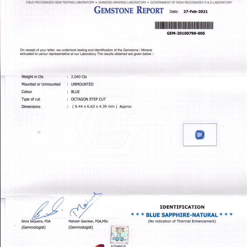 2.04 Ct GII Certified Unheated Untreated Natural Ceylon Blue Sapphire AAA 2.04 Ct GII Certified Unheated Untreated Natural Ceylon Blue Sapphire AAA