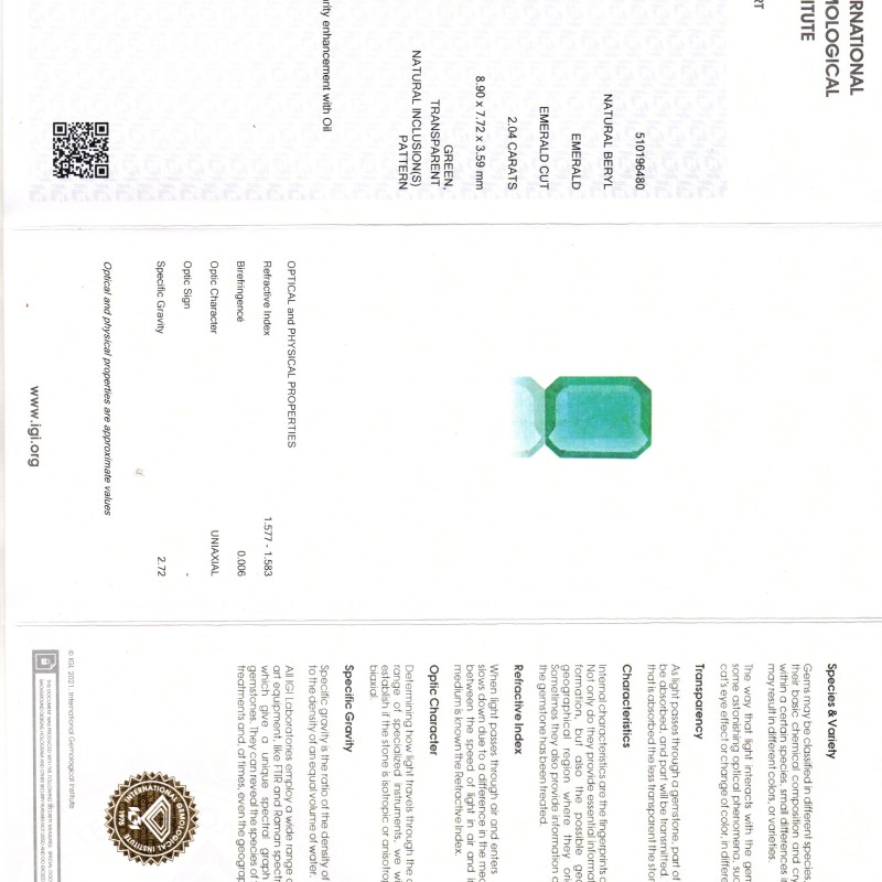 2.04 Ct IGI Certified Untreated Natural Zambian Emerald Gemstone AAA