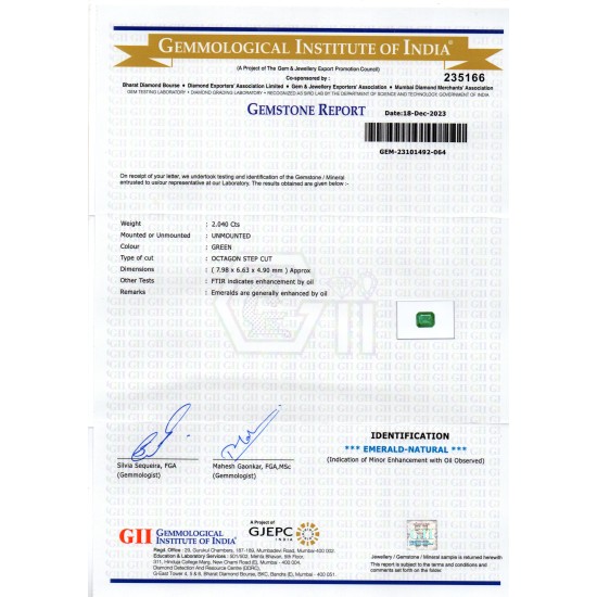 2.04 Ct GII Certified Untreated Natural Zambian Emerald Panna AAA