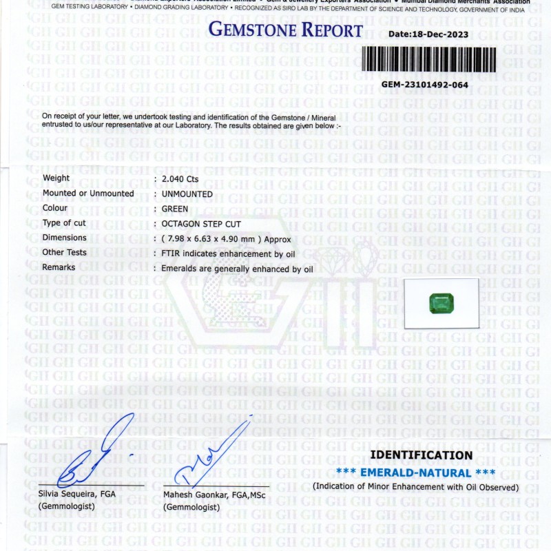 2.04 Ct GII Certified Untreated Natural Zambian Emerald Panna AAA