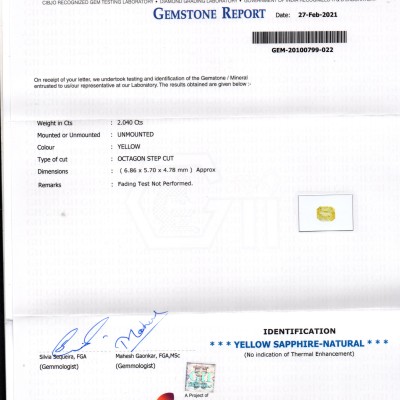 2.04 Ct GII Certified Unheated Untreated Natural Ceylon Yellow Sapphire AA