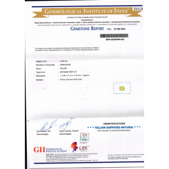 2.04 Ct GII Certified Unheated Untreated Natural Ceylon Yellow Sapphire AA